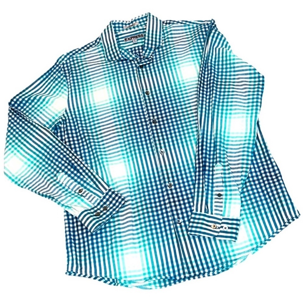 Express Blue and Teal Plaid Button-Down Shirt